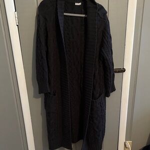 Black Cable Knit Long Cardigan coat with shawl collar and front pockets